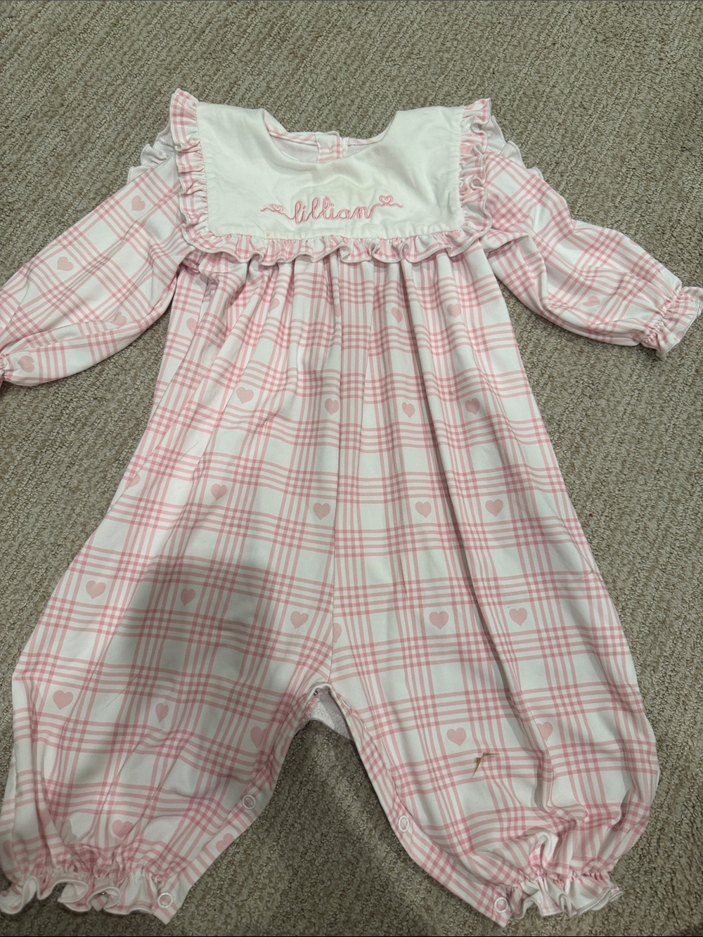 LILLIAN CECIL & Lou Pink Plaid Heart Baby Pajama Romper stain on leg
